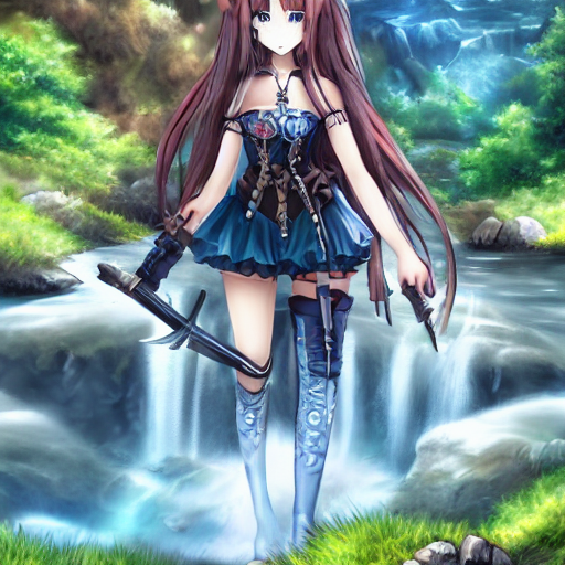 prompthunt: anime girl with steampunk weapons and armor in a landscape,  waterfall, river, grass, flowers, rocks, hill, extremely detailed, award -  winning, anime, beautiful, calm,