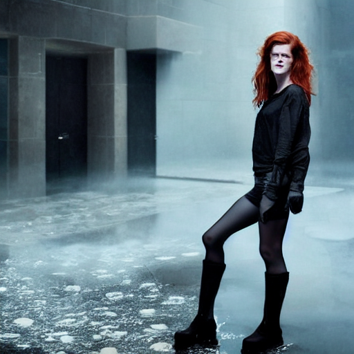 prompthunt: rose leslie, medium shot, dripping water, sexy black shorts,  wearing black boots, wearing a cropped top, 4 k quality, highly detailed,  realistic, intense, cyberpunk