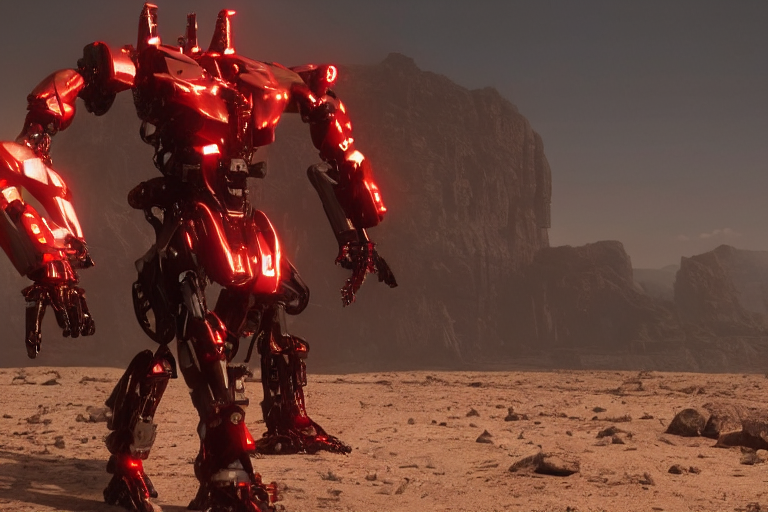prompthunt: a cinematic still from Westworld, red mech, armored core,  octane render, nvidia raytracing demo, masterpiece