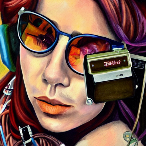 realistic painting drawing gouache portrait of a 35 year old woman with brown hair, synthesizer, computer, steampunk, 90s, vivid colors, colorful