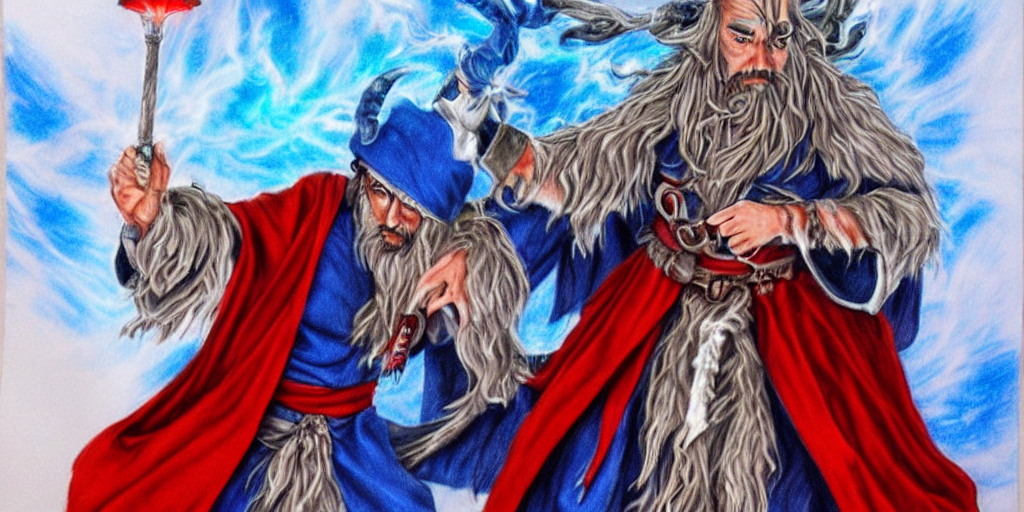 an airbrush fantasy drawing of a druid warlock dnd character wearing blue robe with red belt.-H 576