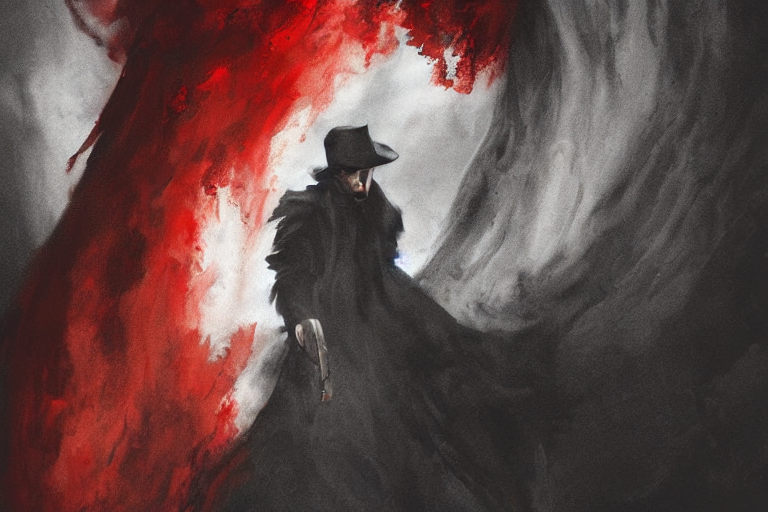 prompthunt: on a gathering storm comes a tall handsome man in a dusty black  coat with a red right hand, fantasy art, award-winning, extremely detailed,  high quality, eerie,