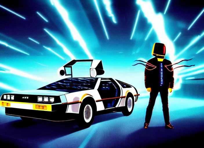 back to the future, delorean, knight rider, daft punk, movie picture, synthwave style, tron legacy style