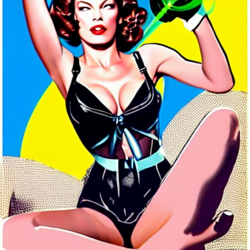 prompthunt: mila jovovich in classic pin - up girl pose wearing sexy  lingerie holding a ray - gun and blowing a bubble, pop art poster by andy  worhol
