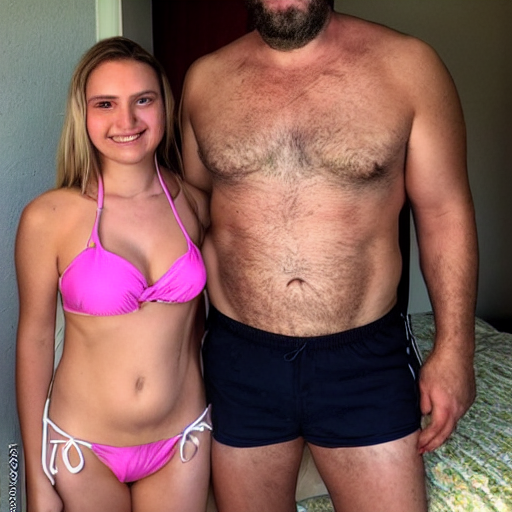 prompthunt: photo of a 4 0 year old man that looks young for his age dating  a very attractive 2 2 year old woman wearing a bikini. they are in a  college dorm.