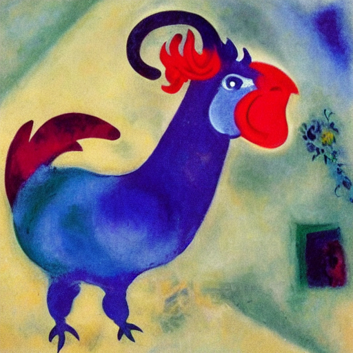 a rooster and a goat in the style of marc chagall