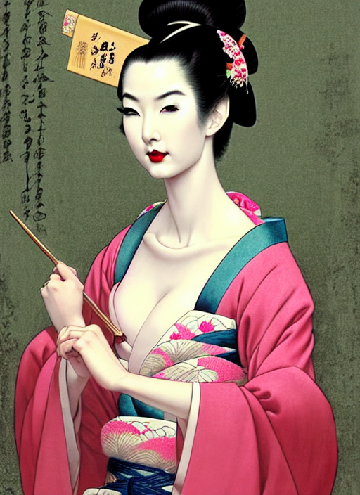 prompthunt: glamorous and sexy Geisha portrait in an ancient japanese  temple, beautiful pale makeup, pearlescent skin, seductive eyes and face,  elegant, lacivious pose, very detailed face, highly detailed kimono,  ancient japanese temple