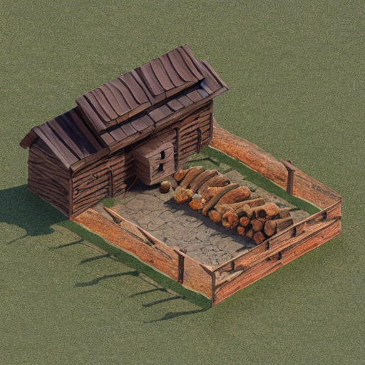 medieval isometric saw mill building made of lumber and stone, primitive processing plant, beautiful design with warm colors, all kind of logs laying around, game asset 3d design