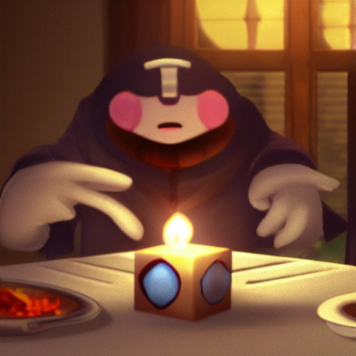 prompthunt: kirby at dinner table with companion cube from portal,  romantic, candlelight, realistic, source engine