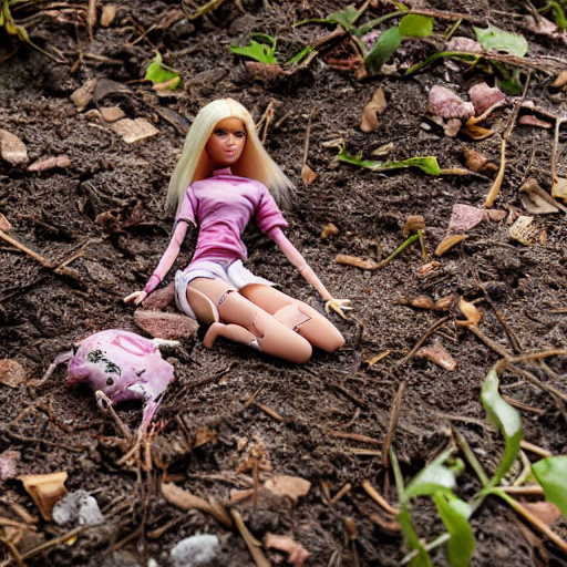 prompthunt: a dirty and broken barbie doll in the ground, realistic, 8 k,  extremely detailed, cgi, trending on artstation, hyper - realistic render,  by greg rutkowski