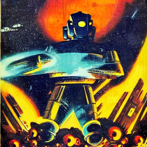 prompthunt: giant robot smashing future city in flames, 1 9 6 0 s vintage  sci - fi art, by jack gaughan