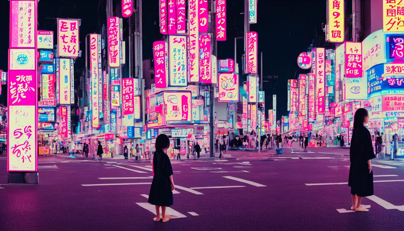 prompthunt 90s neon movie still. japanese city at night. Girl stands