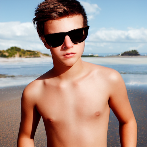 prompthunt: portrait of a teenage boy with natural brown hair, sunglasses,  shirtless, curvy. detailed face. beach background.