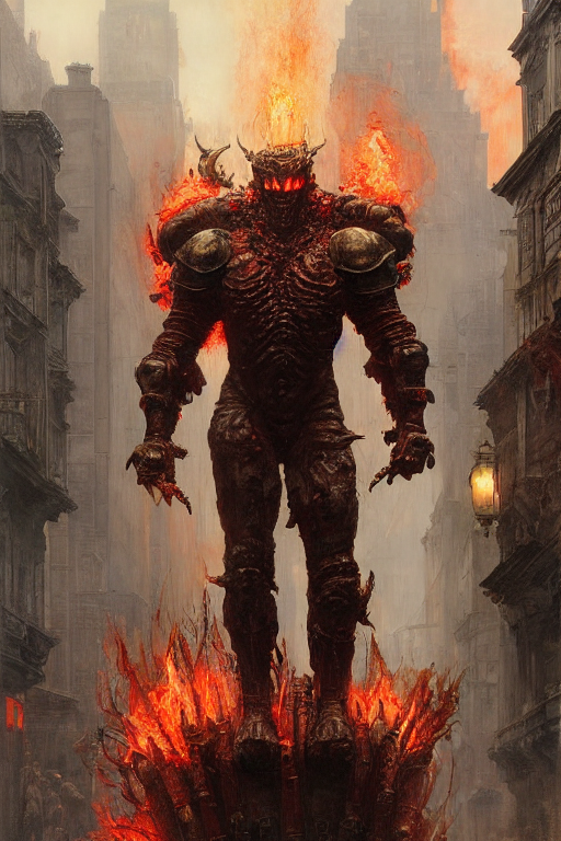 Prompthunt Huge Bipedal Hell Demon With Bulbous Torso And Flaming Head Wearing Armour Walks