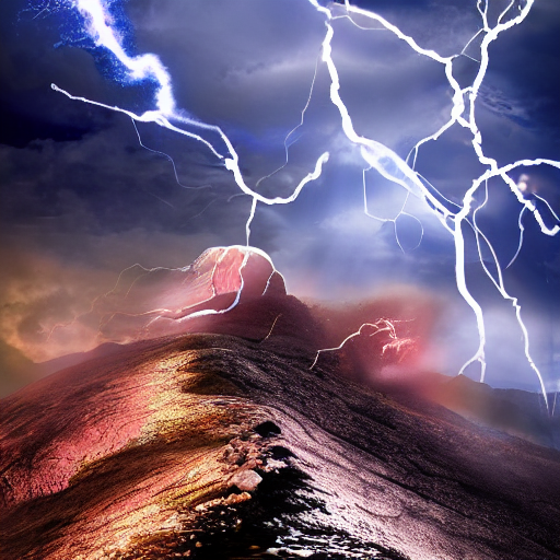 prompthunt two spinning tops clashing atop a mountain, sparks, lightning storm, dramatic