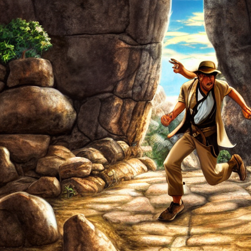 Indiana Jones being chased by a boulder trap, boulder chase, underground ancient stone temple background, Indiana Jones running away from big round stone, raiders of the lost ark, detailed background, anime key visual