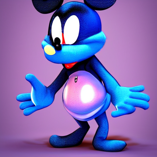 a blue furry mickey rat with triangle ears and back gloves, high quality 3 d render trending in art station
