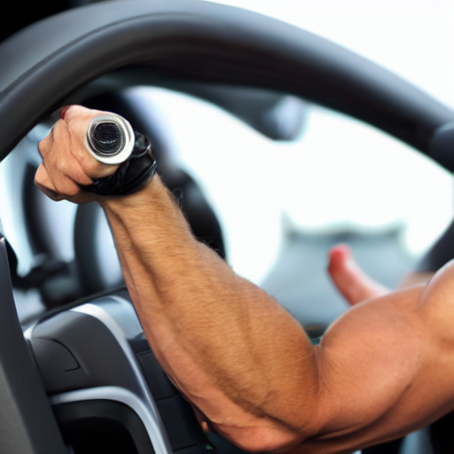 prompthunt muscular arm gripping a steering wheel at the top, first