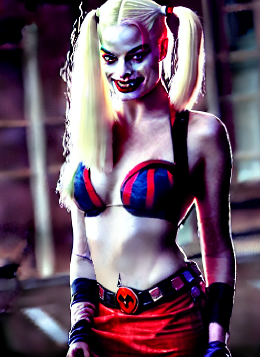 prompthunt: 2 8 mm photo of seductive beautiful suicide squad happy margot  robbie with long white hair that looks like harley quinn standing on the  wet street of gotham city, seductive camisole,