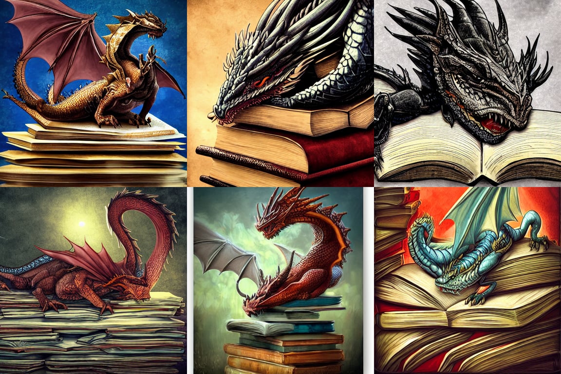 A huge dragon sleeping on a hoard of books, by Randy, Stable Diffusion