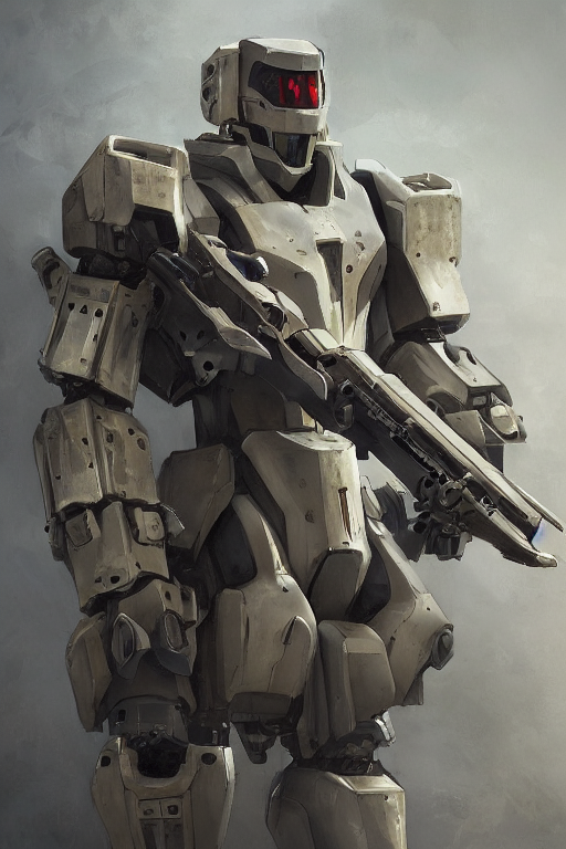prompthunt full body shot of a mech soldier holstering its rifle, Art