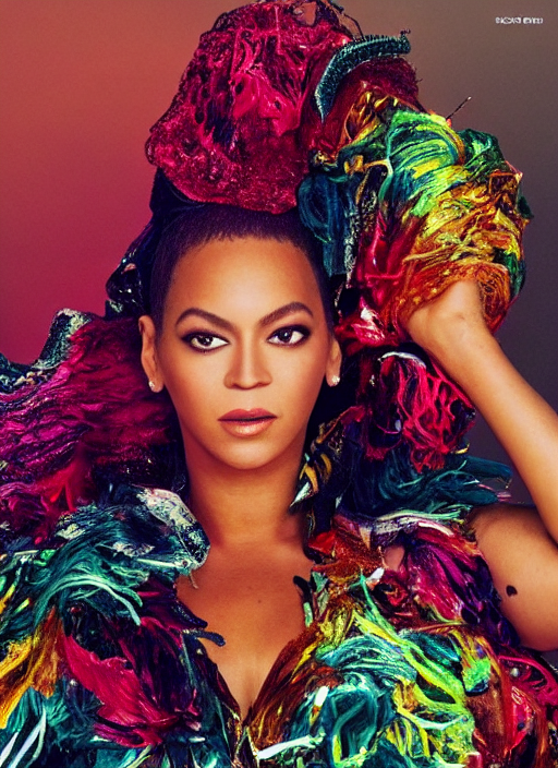 prompthunt: beyonce styled by nick knight, colourful clothing, intricate  headpeice, posing, high fashion classy, glamour, full body shot, set  pieces, intricate set, vogue magazine, canon, highly realistic. high  resolution. highly detailed. dramatic.