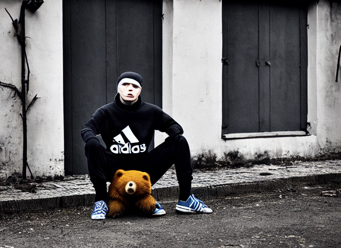 prompthunt: 2 0 years old gopnik in adidas costume, drinking vodka with a  bear, soviet yard, symmetrical, cinematic, real photography