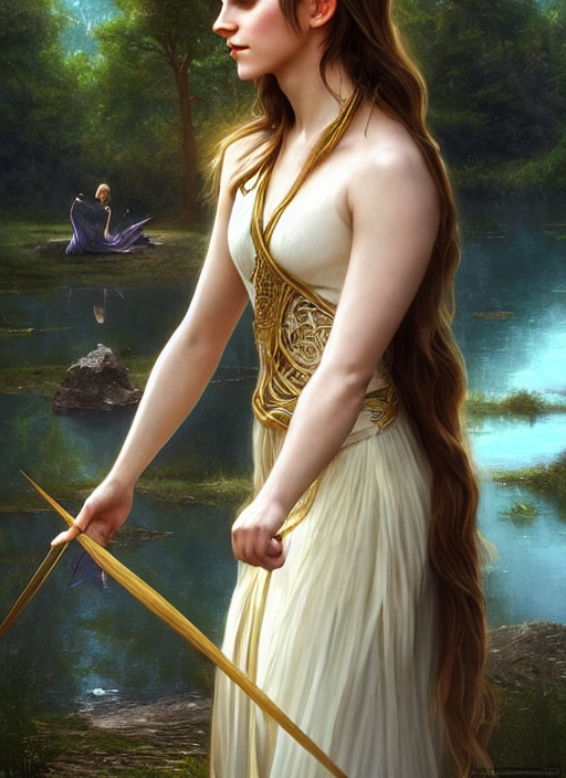 emma watson as magic healer goddess, long hair, white and gold cloth, lake in the forest, D&D, shiny background, intricate, elegant, highly detailed, digital painting, artstation, concept art, smooth, sharp focus, illustration, artgerm, bouguereau