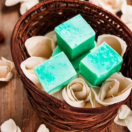 prompthunt: beautiful and bright advertising, photography of a package of  handmade mint chocolate scented soap blocks, wrapped in ribbons, sitting in  a basket of flowers, studio quality, hdr 8 k photograph