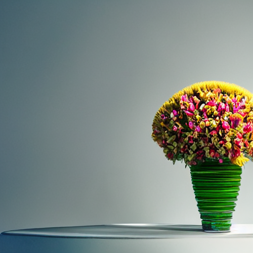 prompthunt: An ultra high definition studio photograph of an alien flower  in a simple vase on a plinth. The flower is multicoloured iridescent. High  contrast, key light, 70mm.