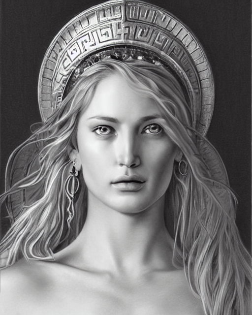prompthunt: pencil drawing of a beautiful greek goddess aphrodite wearing a greek  goddess headpiece and arrowhead earrings, beautiful piercing eyes with sexy  look, beautiful blonde hair, hyper realistic face, in the style