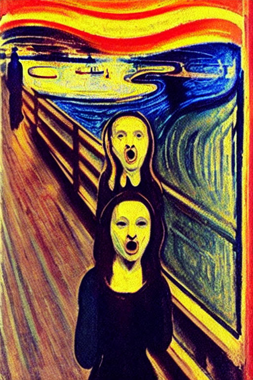 prompthunt: “Mona Lisa in the painting The Scream by Edvard Munch. Mona Lisa  is the one screaming with mouth open, you see.”