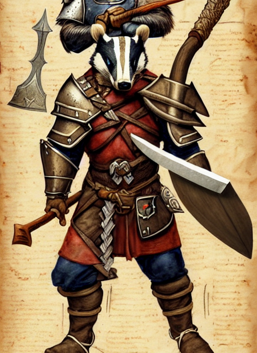 prompthunt: a heroic badger paladin with great axe on a parchment  background, redwall, greg rutowski and jean baptiste monge, detailed, epic  fantasy concept art