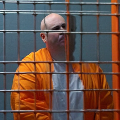 fat and bald donald trump wearing orange jumpsuit behind bars in prison
