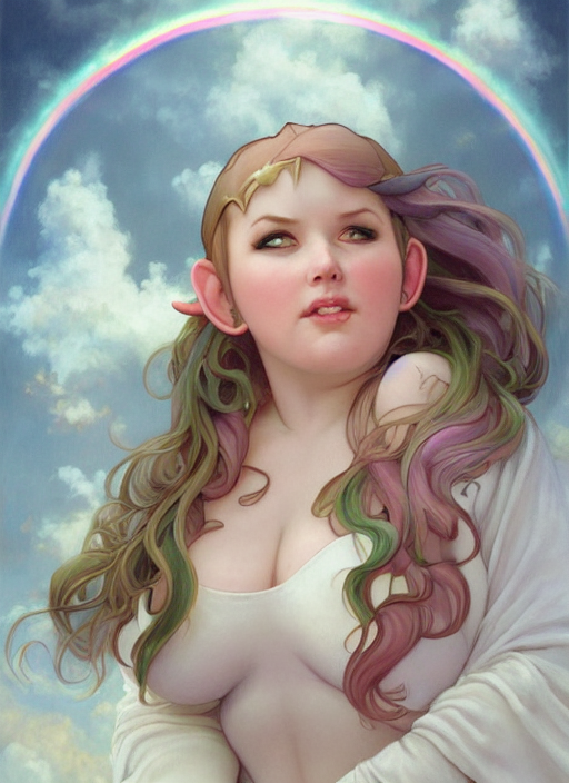 a chubby elf woman with pointed ears, wearing a white sundress, rainbow pastel clouds for hair, realistic painting by ross tran and gerald brom and alphonse mucha, artgerm, trending on artstation