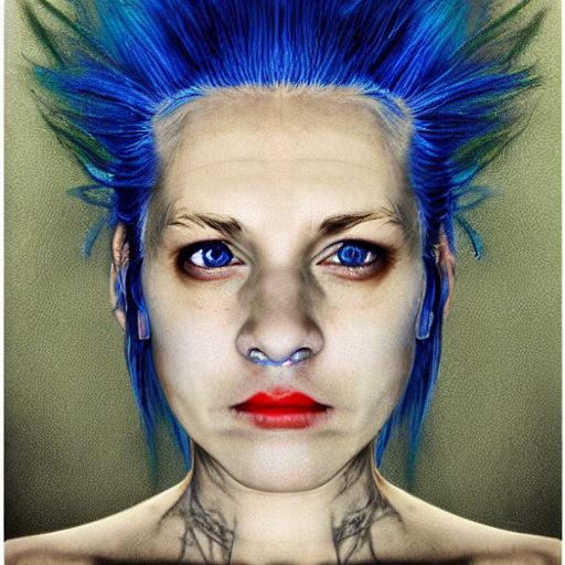 Dragon lady, portrait of young girl half dragon half human, Dragon skin, Dragon eyes, Blue hair, Long hair, by David Lynch