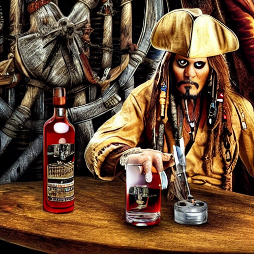 prompthunt: jack sparrow drinks rum from bottle at his pirate ship, focus,  3 d illustration, sharp, intricate, poster, bottle of rum, pirate ship at  background, photo, detailed photo, scene from pirates of