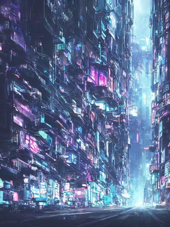 prompthunt: futuristic cyberpunk street, cable stone ground. lots hanging  cables, tiny wires on the ground. narrow, garbage on the ground. rain. fog,  haze, evening. led screens. neon signs. ghost in the shell.