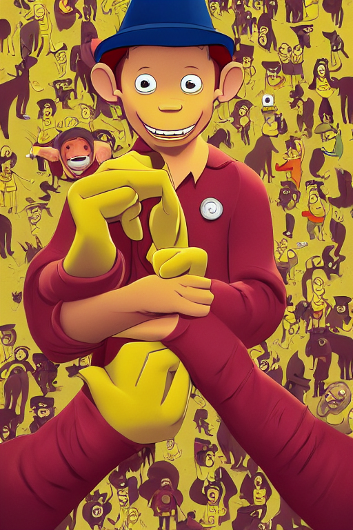 the man in the yellow hat in curious george, full body, big two toned eyes, teeth gritted, horror, intricate details, cinematic, epic, realistic, anatomy, tomer hanuka, uplight, artstation, photorealistic, scary