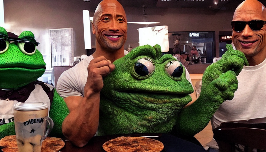 dwayne johnson and a giant pepe the frog sitting in a coffee shop, having breakfast, pepethefrog, pepe, frog, toad, realistic, award winning photography, 8 k,