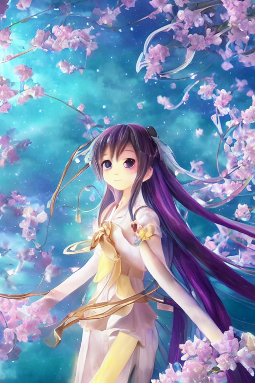 breathtaking detailed digital painting ofhatsune miku with amethyst wings and golden ribbons in kimi no na wa sky, by celestialfang, matchach, juanmao, dustin panzino, art nouveau golden rose flowers floating around, detailed, rembrandt style, volumetric lighting, concept art, matte, sharp focus, trending on artstation
