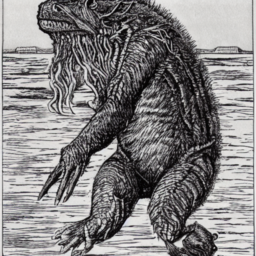a montauk monster as a D&D monster, full body, pen-and-ink illustration, etching, by Russ Nicholson, DAvid A Trampier, larry elmore, 1981, HQ scan, intricate details, Monster Manula, Fiend Folio