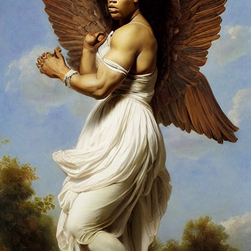 prompthunt: Portrait of Serena Williams with wings as Nike Goddess standing  proud, large wings, luxuriant, dreamy, eternity, romantic, strong pose,  highly detailed, in the style of Franz Xaver Winterhalter, highly detailed,  in