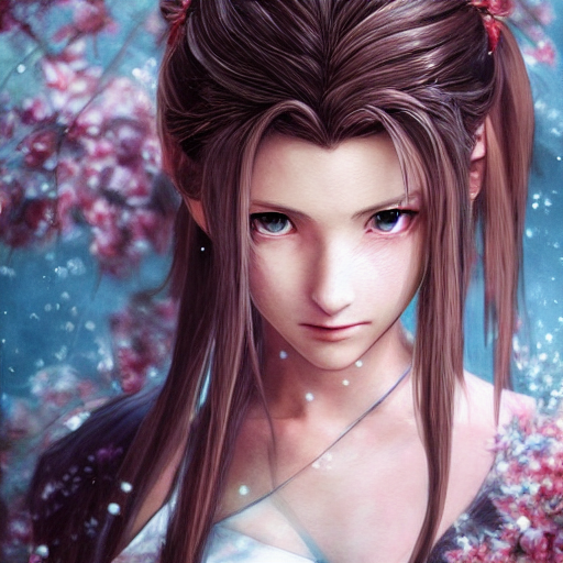 portrait of aerith!!!!!!!!! from final fantasy vii, water - color painting by amano yoshitaka, ultra realistic, highly detailed, sharp focus, cinematic lighting, mood lighting, realistic, vivid colors, painting, photorealistic, digital art, non blurry, sharp, smooth, illustration