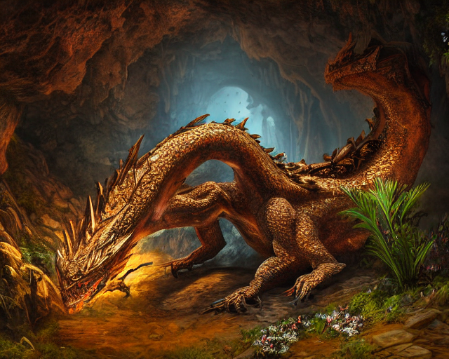 Mal Rebotar Cortés prompthunt: Giant Dragon resting in a cave, natural light, dead plants and  flowers, elegant, intricate, fantasy, atmospheric lighting, by Peter  Morhbacher, HD, highly detailed, 8k