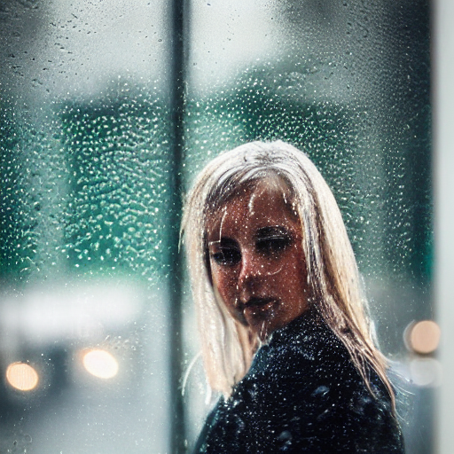  prompthunt: a beautiful woman photographed through a rainy window, bokeh,