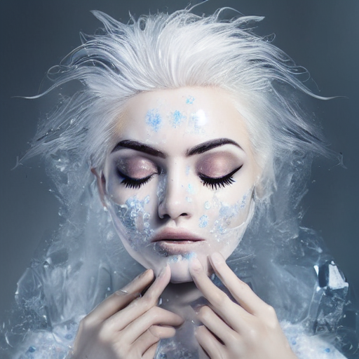 prompthunt: female with pale eye lashes and brows, white makeup, inside  glass sarcophagus, frost roses on glass, complex hyperdetailed technical  suit. white hair flowing, cryo sleep, pale blue tint, sci - fi