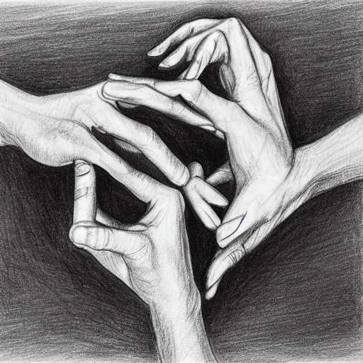M.C. Escher two hands drawing each other, black and white pencil sketch of real hands drawing themselves