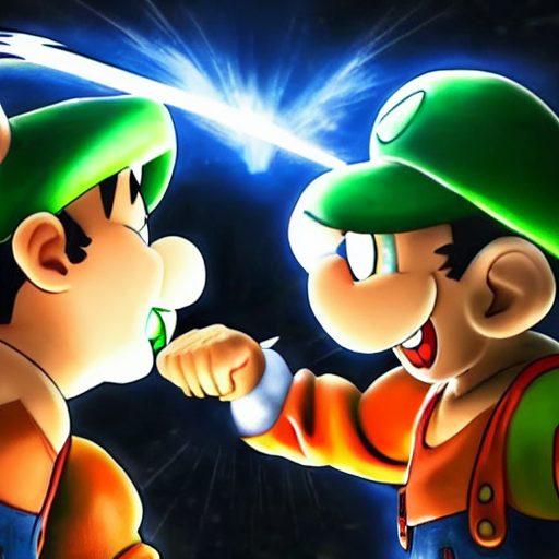 luigi and son goku fighting, intense fight, epic lighting