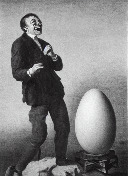 prompthunt: man cries while holding giant egg sitting on the